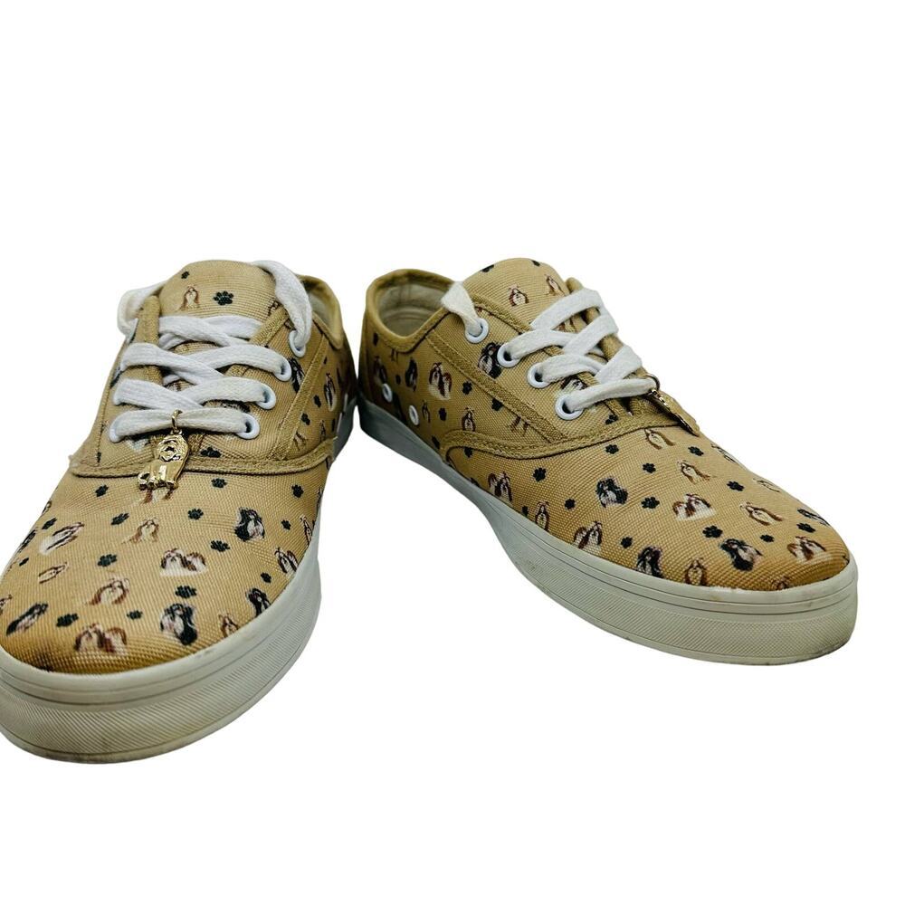 Shiz Tzu Dog Multiple Design Brown Dog Writing on Side Lace Up Shoe Size 6.5